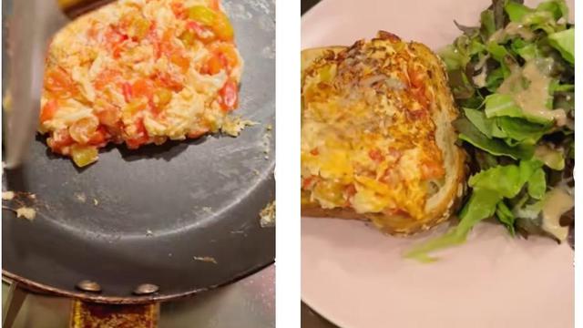 Telur plus tomat ditemani sourdough toast dan salad jadi menu diet andalan Prilly Latuconsina. (Foto: Tiktok Prilly Latuconsina)