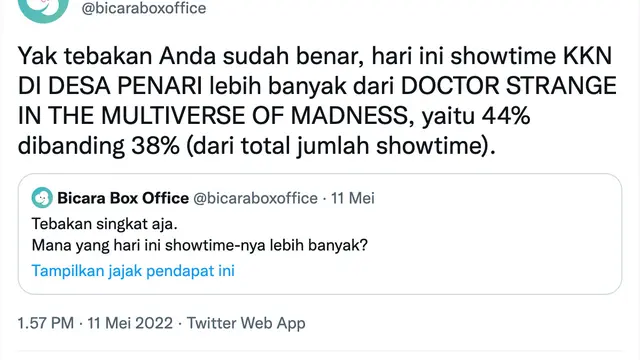 Cuitan soal jumlah layar dan show time KKN di Desa Penari. (Foto: Dok. Twitter @bicaraboxoffice)