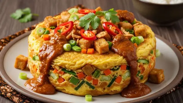 Dadar Tahu Telur Bumbu Kacang dengan Sayuran