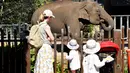 Keluarga menyaksikan seekor gajah di kandangnya di Kebun Binatang Taronga di Sydney (18/10/2021). Kebun binatang Taronga membuka kembali pintunya bagi pengunjung yang divaksinasi setelah pencabutan pembatasan penguncian Sydney. (AFP/Saeed Khan)