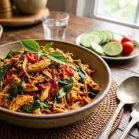 Resep ayam suwir pedas. [AI Generated]