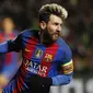 Selebrasi Striker Barcelona Lionel Messi saat mencetak gol ke gawang Glasgow Celtic (Reuters / Russell Cheyne)