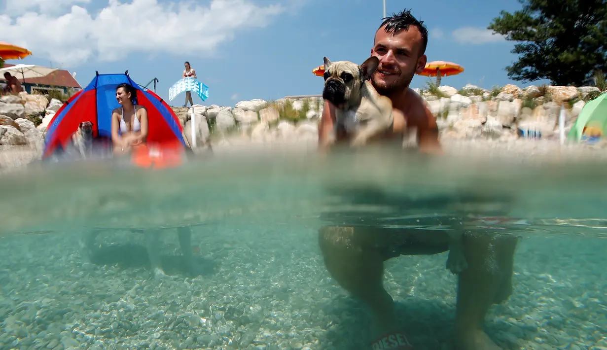 Seorang pria berenang bersama anjingnya di pantai anjing dan bar di Crikvenica, Kroasia, (12/7). Pantai dan bar ini dirancang khusus untuk para anjing dan pemiliknya demi merasakan kenikmatan Summertime bersama-sama. (REUTERS/Antonio Bronic)