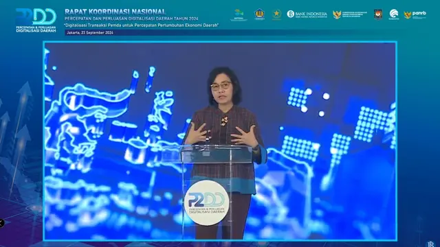 Menteri Keuangan (Menkeu) Sri Mulyani Indrawati, dalam sambutannya di Rapat Koordinasi Nasional Percepatan dan Perluasan Digitalisasi Daerah tahun 2024, di Jakarta (23/9/2024). (Foto: Liputan6.com/Tira Santia)