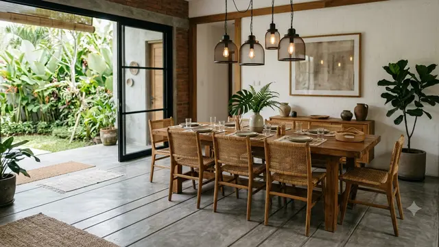 Desain Rumah Lantai Semen Ekspos Halus, Terlihat Elegan, Bersih dan Bikin Nyaman Model Lantai Semen Ekspos Pola Garis di Ruang Makan Rumah Minimalis