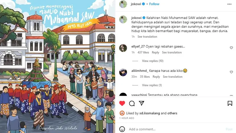 Ucapan Selamat Merayakan Maulid Nabi Muhammad SAW 1445 Hijriyah pada Laman Instagram Pribadi Presiden Jokowi