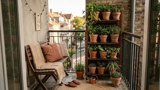 Desain Balkon Sempit dengan Rak Tanaman dan Bangku Lipat