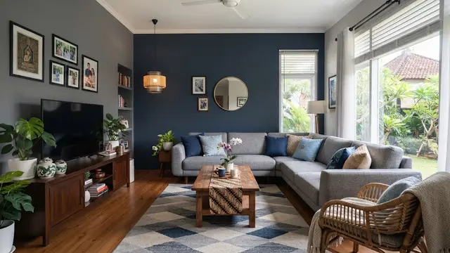 Warna Cat Abu Abu dan Biru di Ruang Tengah Rumah