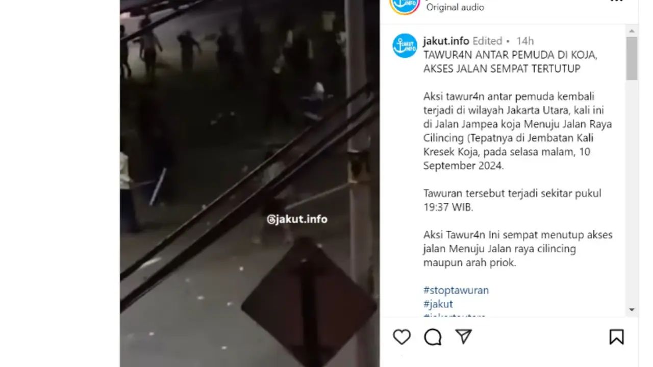 Tawuran antar remaja pecah terajdi di Jalan Jampea, Koja, Jakarta Utara (Jakut). Satu orang dilaporkan alami luka-luka. Peristiwa itu pun sempat viral di media sosial.