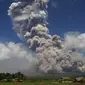 Gumpalan asap dan abu vulkanis menyembur dari kawah gunung Mayon di Camalig, selatan Manila, Senin (22/1). Otoritas Filipina langsung mengeluarkan peringatan kemungkinan letusan dahsyat akan semakin dekat. (AFP PHOTO/STR)