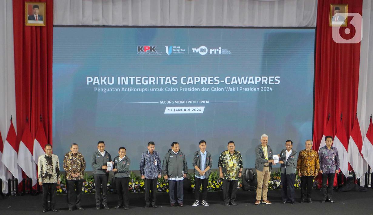 Paku integritas menjadi momentum pernyataan komitmen tiga pasangan capres-cawapres dalam pemberantasan korupsi di Indonesia. (Liputan6.com/Angga Yuniar)