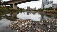 Sampah-sampah mengapung di atas Sungai Pinheiros di Sao Paulo, 22 Oktober 2020. Akibat pembuangan limbah domestik dan limbah padat selama bertahun-tahun, pemerintah Sao Paulo kembali mencoba membersihkan Sungai Pinheiros yang dianggap sebagai salah satu paling tercemar di Brasil. (AP/Andre Penner)