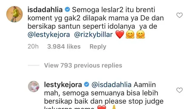 Permintaan Iis Dahlia kepada Lesti Kejora agar Leslar tak terus berkomentar pedas di akun Instagramnya (Instagram)