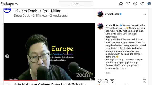 Unggahan Atta Halilintar soal video konten berjudul provokatif. (Foto: Instagram @attahalilintar)