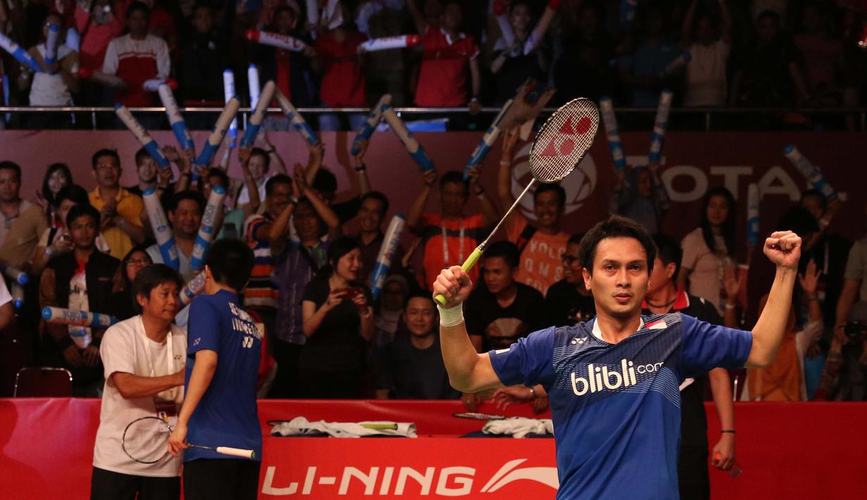 Ahsan/Hendra menjadi satu-satunya wakil tuan rumah di final Kejuaraan Dunia Bulutangkis 2015. (Bola.com/Arief Bagus)
