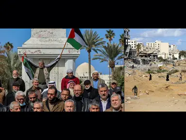 Foto kombinasi yang dibuat pada 23 September 2024 ini menunjukkan para demonstran Palestina yang menghadiri protes terhadap pemukim Yahudi yang menggusur keluarga-keluarga Palestina di distrik Sheikh Jarrah, Yerusalem, di Alun-alun Tentara Tak Dikenal di Kota Gaza, 16 Februari 2022 (foto kiri) dan alun-alun yang dihancurkan pada 22 September 2024 di tengah-tengah perang yang tengah berlangsung di wilayah Palestina antara Israel dan Hamas. (MOHAMMED ABED dan Omar AL-QATTAA/AFP)