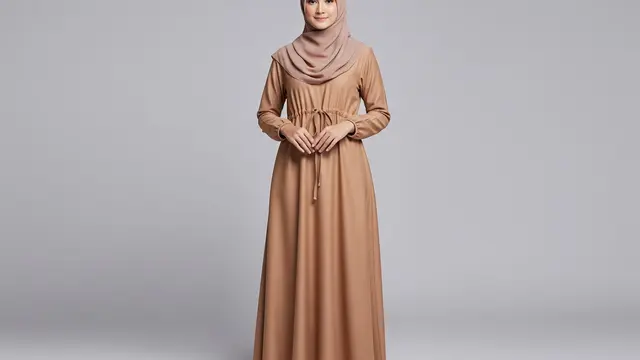 Model Gamis Bahan Toyobo dengan Tali Kerut Pinggang dan Potongan A-line Santai