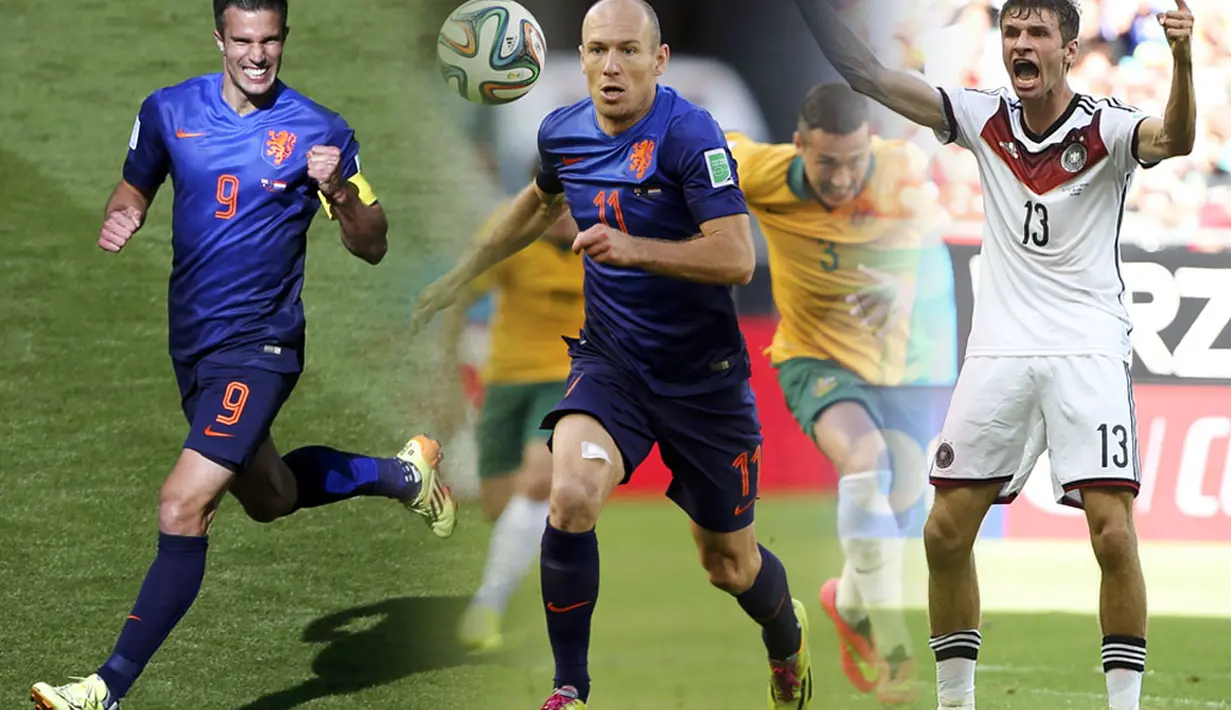 Robin van Persie dan Arjen Robben (Belanda), serta Thomas Mueller menjadi Topskorer Pekan Pertama Piala Dunia 2014, (19/6/2014). (REUTERS/Marko Djurica)