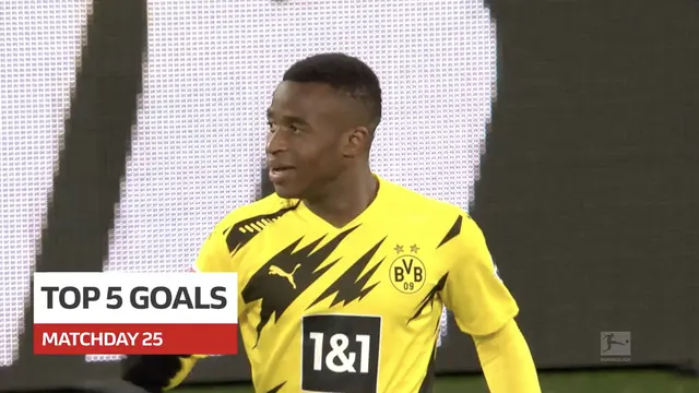 Cover berita video 5 gol terbaik yang terjadi pada pekan ke-25 Bundesliga 2020/2021, termasuk di dalamnya torehan wonderkid Borussia Dortmund, Youssoufa Moukoko.
