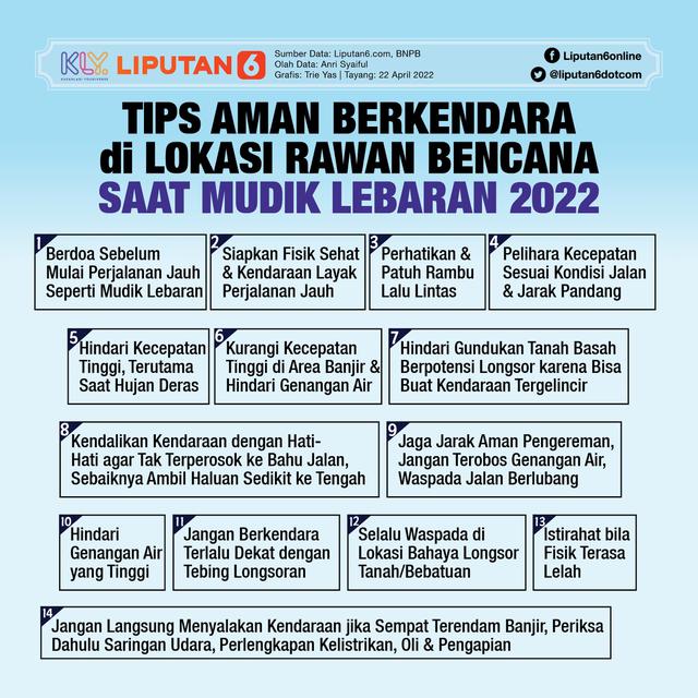 Infografis Tips Aman Berkendara di Lokasi Rawan Bencana Saat Mudik Lebaran 2022. (Liputan6.com/Trieyasni)