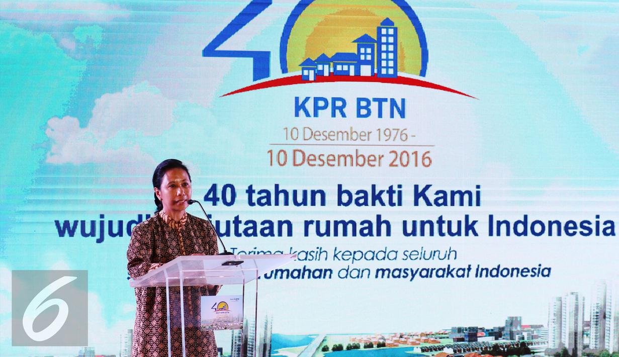 Rini M Soemarno memberi sambutan saat acara HUT KPR BTN di Menara BTN, di Jakarta, Selasa (14/12). Pada kesempatan tersebut PT Bank Tabungan Negara (BTN) Tbk merayakan hari ulang tahun Kredit Pemilihan Rumah (KPR) yang ke 40. (Liputan6.com/Angga Yuniar)