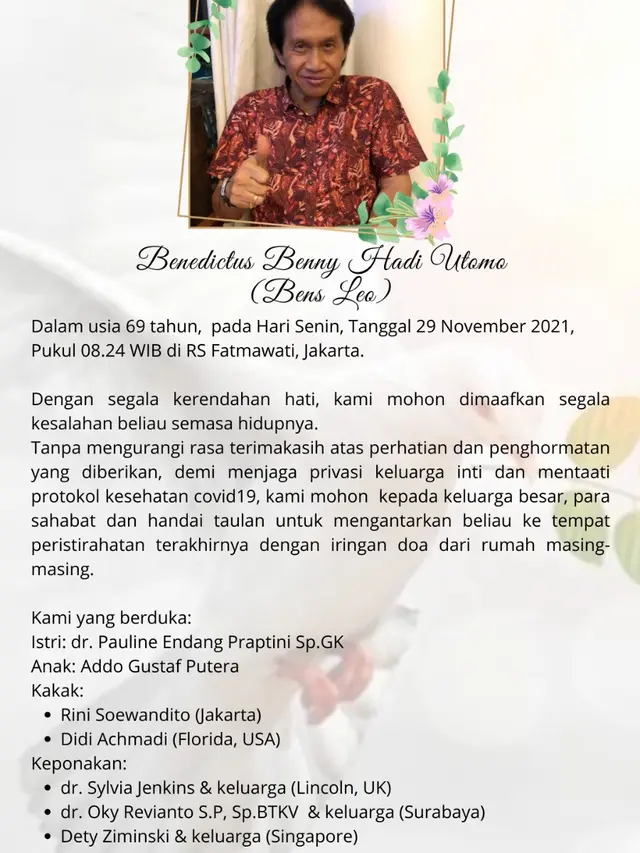 Berita Duka, Pengamat Musik Bens Leo Meninggal Dunia. (ist)