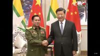 Jenderal Myanmar Min Aung Hlaing bertemu Presiden China Xi Jinping pada Januari 2020. Dok: CCTV Video News Agency