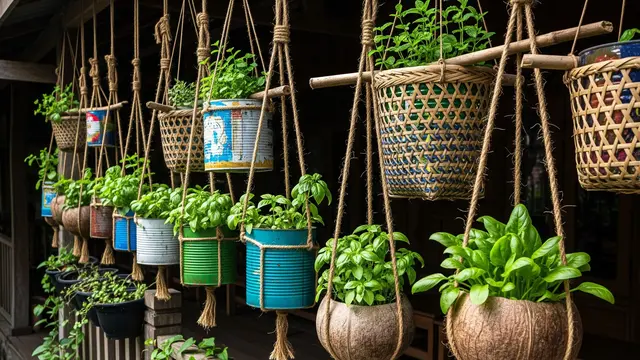 Teras Rustic dengan Pot dari Bahan Daur Ulang