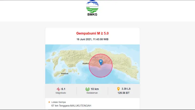 Gempa magnitudo 6,1 mengguncang tenggara Maluku Tengah, Rabu (16/6/2021). (BMKG)