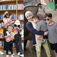 Boyong buah hati ke Lembang, Bandung, Nagita Slavina tampil kompak dengan Rafathar dan Rayanza kenakan outfit nuansa biru navy. [@raffinagita1717].