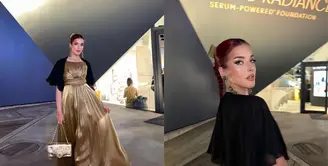Di acara tersebut, Tasya tampil ekstra glamor dibalut gaun satin nuansa keemasan. [Instagram/tasyafarasya]