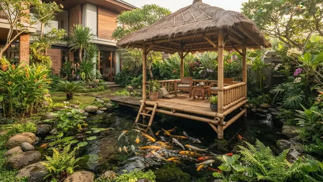 Desain Sudut Rumah yang Menggabungkan Kolam Ikan, Taman, dan Gazebo Kecil