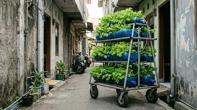 Kebun Selada Vertikal Beroda dari Galon Bekas