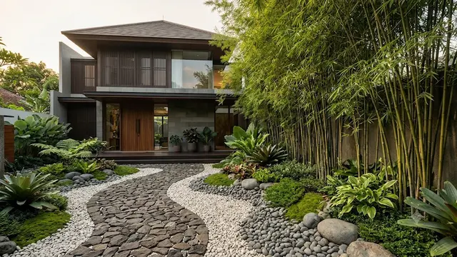 Halaman Minimalis dengan Rumpun Bambu Jepang