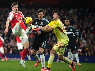 Arsenal menutup tahun 2025 dengan kemenangan telak 4-1 atas Aston Villa pada laga Liga Inggris di Stadion Emirates, Selasa (30/12/2025).  (AP photo/Alastair Grant)