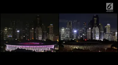 Suasana Stadion Utama Gelora Bung Karno (GBK) sebelum dan sesudah lampu dipadamkan pada peringatan Earth Hour 2018 di Jakarta, Sabtu (24/3). Berdasarkan perhitungan WWF, kegiatan ini bisa menghemat energi listrik 30 persen. (Liputan6.com/Johan Tallo)