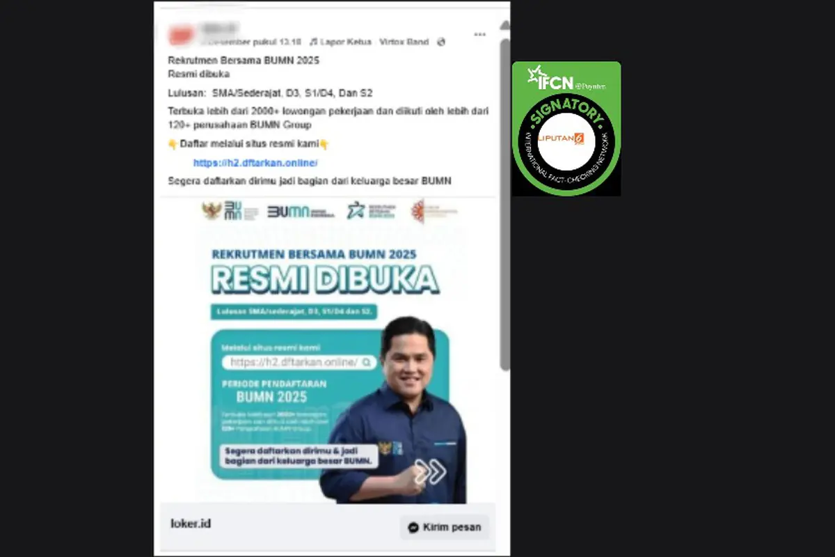 Tangkapan layar klaim link pendaftaran Rekrutmen Bersama BUMN 2025 yang beredar di Facebook. Cek faktanya.