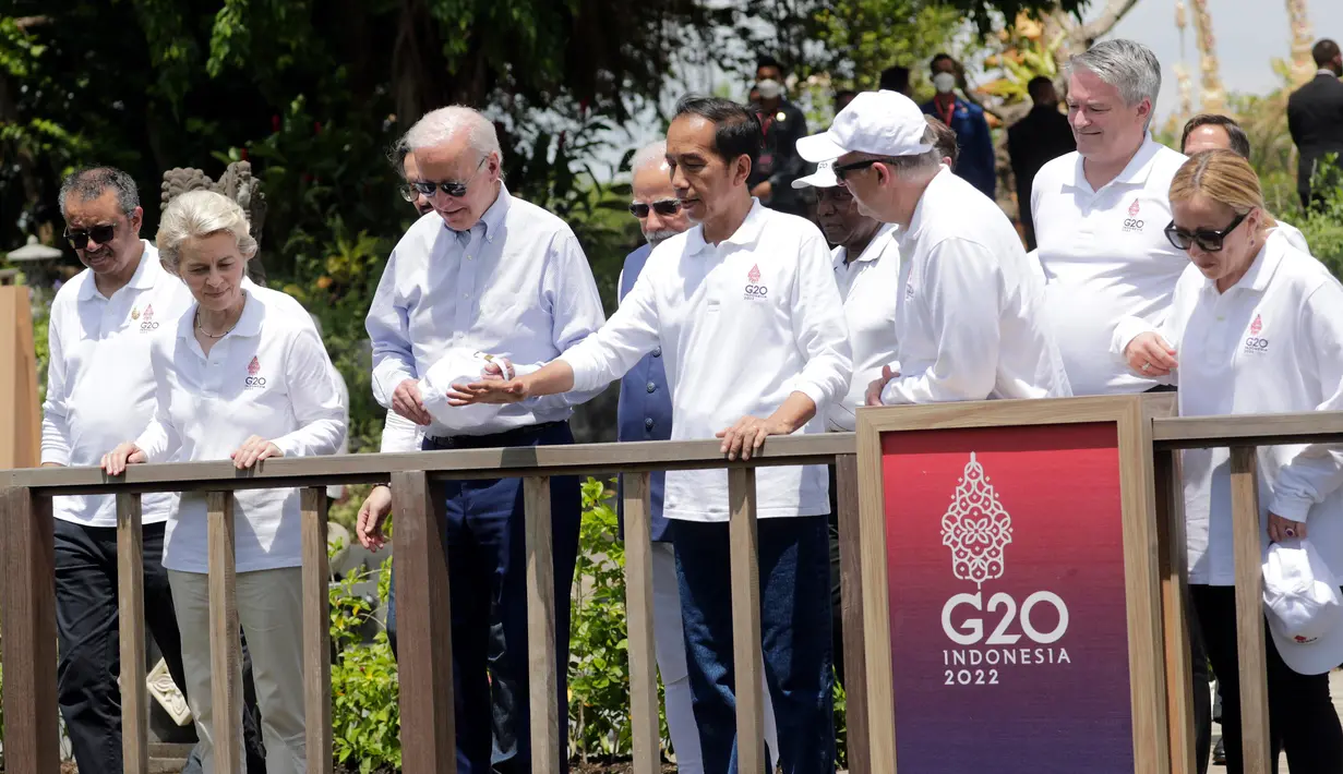<p>(kiri ke kanan) Direktur Jenderal WHO Tedros Adhanom Ghebreyesus, Presiden Komisi Eropa Ursula von der Leyen, Presiden AS Joe Biden, Presiden Indonesia Joko Widodo, PM Australia Anthony Albanese, Sekretaris Jenderal OECD Mathias Cormann, dan PM Italia Giorgia Meloni menghadiri acara penanaman bakau di Taman Hutan Raya Ngurah Rai sebagai bagian dari KTT G20 di Bali, Indonesia, Rabu (16/11/2022). (Mast Irham/Pool Photo via AP)</p>