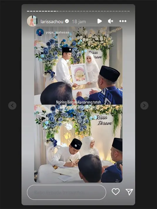 Larissa Chou membagikan kabar bahagia. Kabar ini mengejutkan publik karena keduanya tak mengumbar kisah cintanya hingga akhirnya menikah. Yusuf anak Larissa yang biasa panggil Om, kini panggil Papah.  "Selamat datang di hidup kami, Sekarang panggilan Om baik berubah menjadi "papah"," tulis Larissa. [Instagram/larissachou]