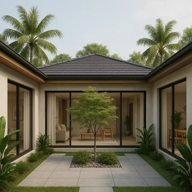 Model Rumah Gaya Tropis Minimalis 1 Lantai dengan Jendela Besar