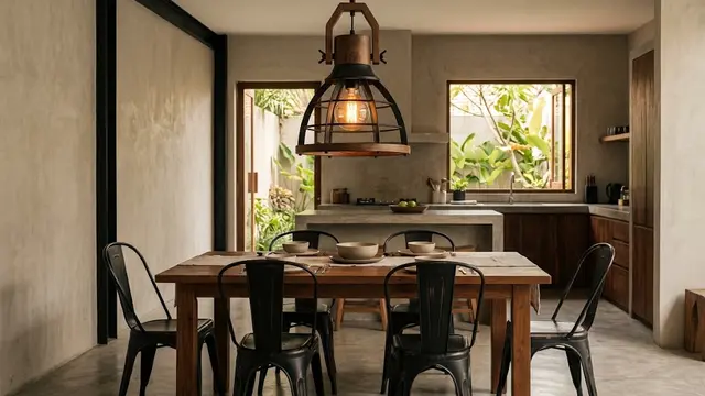 Lampu Gantung Industrial dari Kayu dan Besi