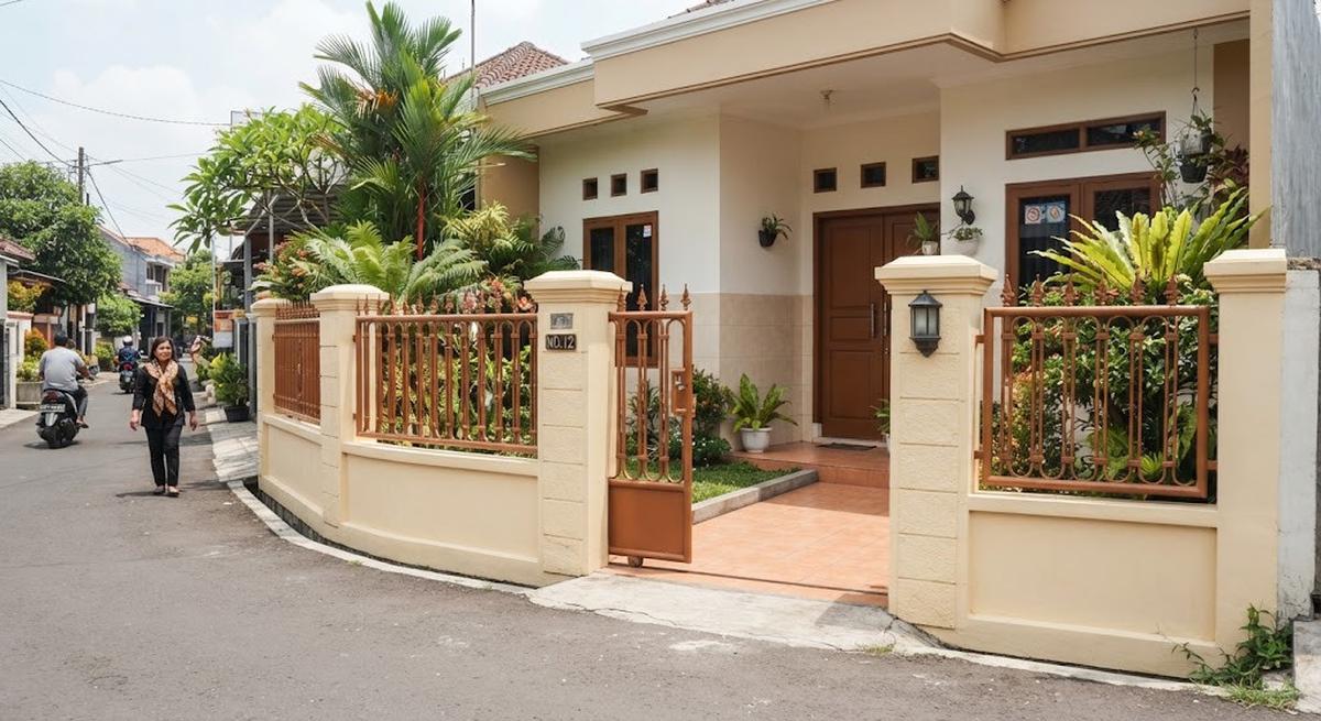 Warna cat pagar warm tone yang terlihat elegan model krem untuk pagar rumah