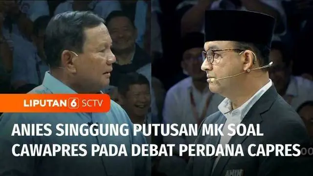 Tiga Calon Presiden mengikuti debat perdana yang diselenggarakan KPU. Dalam debat, Anies Baswedan meminta Prabowo Subianto menanggapi keputusan Mahkamah Konstitusi yang meloloskan Gibran Rakabuming Raka sebagai Calon Wakil Presidennya.