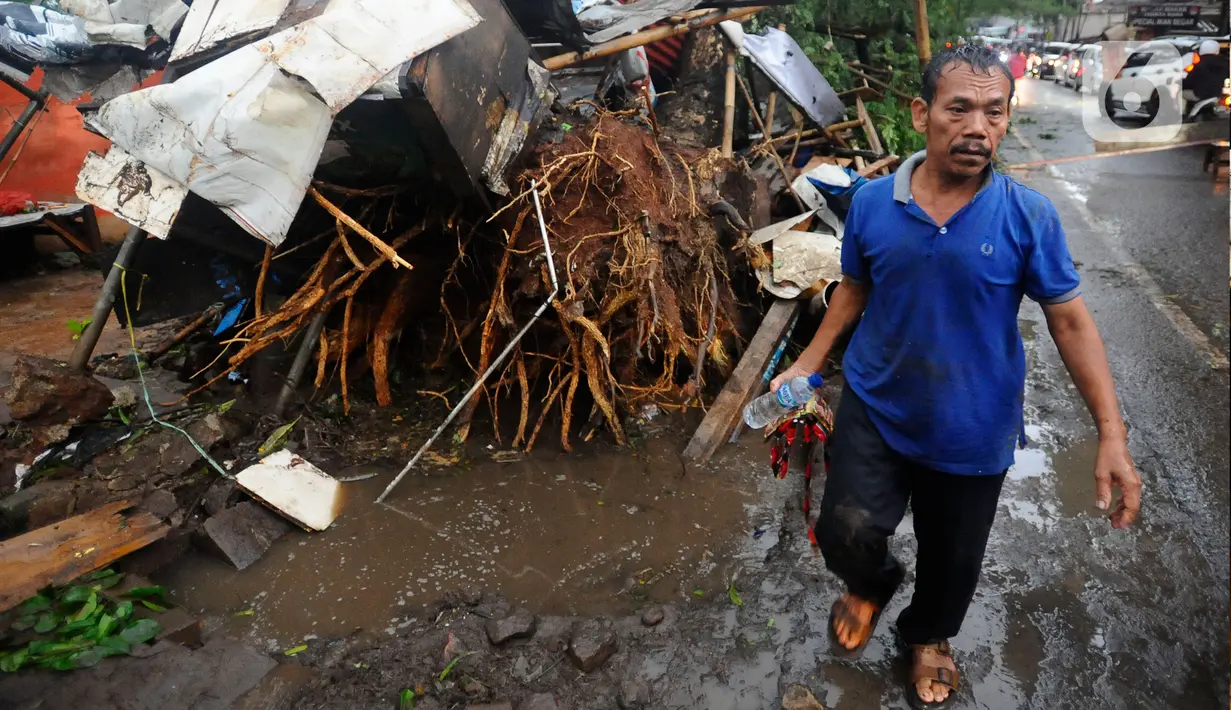 Pohon tumbang menimpa warung kopi dan kabel listrik akibat hujan es disertai angin kencang di pinggir Jalan Raya Sawangan Depok, Minggu (09/10/20222). Hujan badai ini membuat listrik di kawasan Sawangan dimatikan oleh PLN.  (merdeka.com/Arie Basuki)