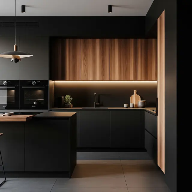 Dapur Minimalis Hitam dengan Sentuhan Kayu (Gemini AI)