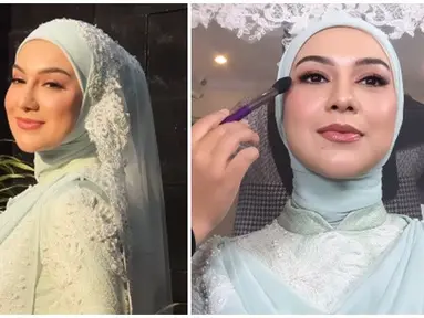 Wajah Irish Bella di hari bahagianya dipoles oleh MUA Rara Chintya, ini adalah potret persiapan Irish Bella. Makeup soft glam ini membuat wajah Irish tampak fresh tanpa kesan berlebihan. Tema makeup ini juga cocok dengan kebaya warna hijau wardah yang dikenakan oleh Irish. Bintang sinetron Cinta Suci ini sukses bikin pangling di momen pernikahan keduanya. (Liputan6.com/IG/@rarachintya.mua)