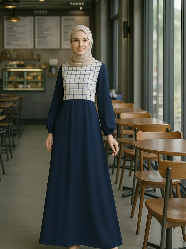 Outfit Gamis Kotak-Kotak Kombinasi Polos dan Tips Memilihnya/viaGPT