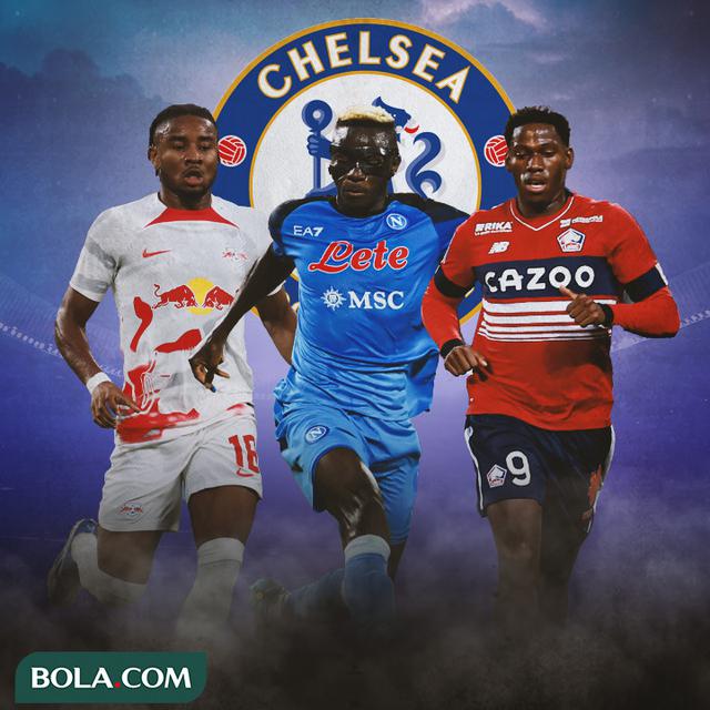 Ilustrasi - Victor Osimhen, Jonathan David, Christopher Nkunku Background Logo Chelsea