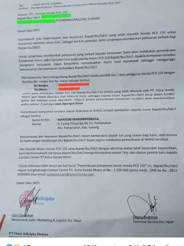 Surat undangan AHM untuk pemilik Honda PCX 150 (Facebook: All New Honda PCX Inndonesia)