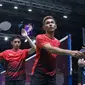 Ganda putra Indonesia, Fajar Alfian/M Rian Ardianto usai melawan pemain India, Manu Attri/Sumeeth Reddy Buss pada perempat final Bulutangkis Beregu Putra Asian Games 2018 di Jakarta, Senin (20/8). (Liputan6.com/Helmi Fithriansyah)